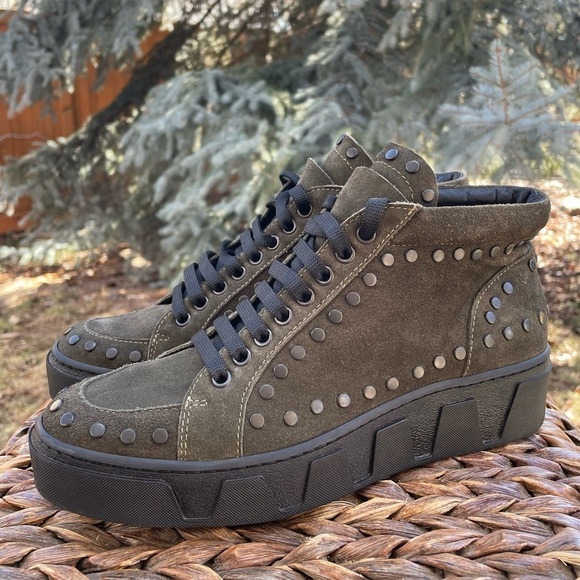 Olive Brown Bronze Studded Suede Platform Lace Up Street Ankle Boot - Picture 1 of 11